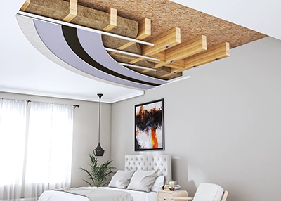 ceiling soundproofing system installation. photoshop imagined scene with soundrpoofing in a cross section to clearly show each material layer. installed into a bright modern bedroom
