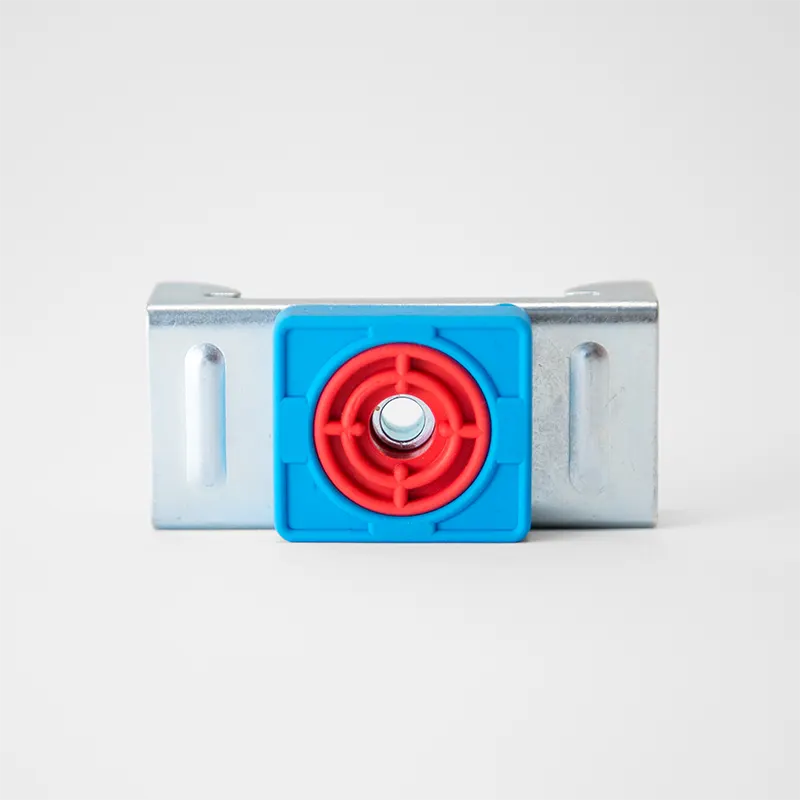 product photography of soundproof isolation clip, MuteClip. clip is made of metal with red and blue silicone absorbers. 